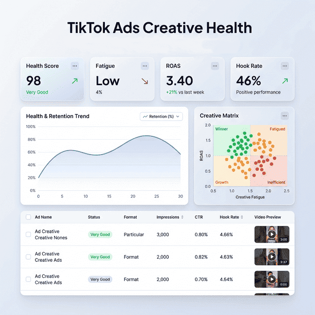 TikTok Ads Creative Health Dashboard Mockup